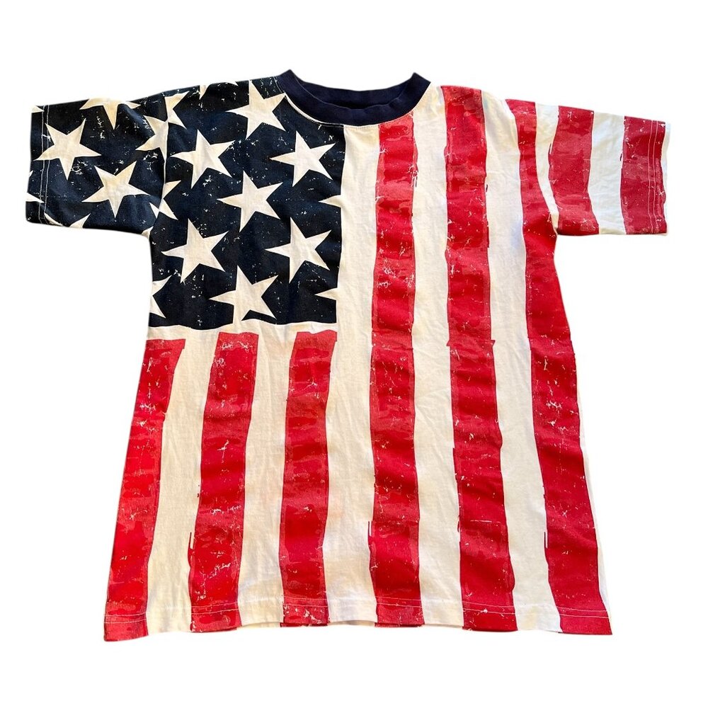 Base Line T-Shirt American Flag Size L Made in USA 100% Cotton Red White Blue